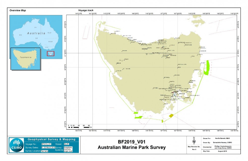 Voyage track of T.V. Bluefin (green line) showing areas mapped during the voyage IMAS/CSIRO